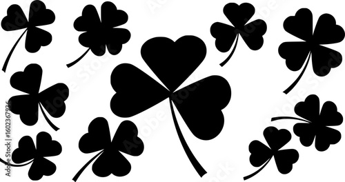 set of A black and white silhouette of a three leaf clover
. on white background