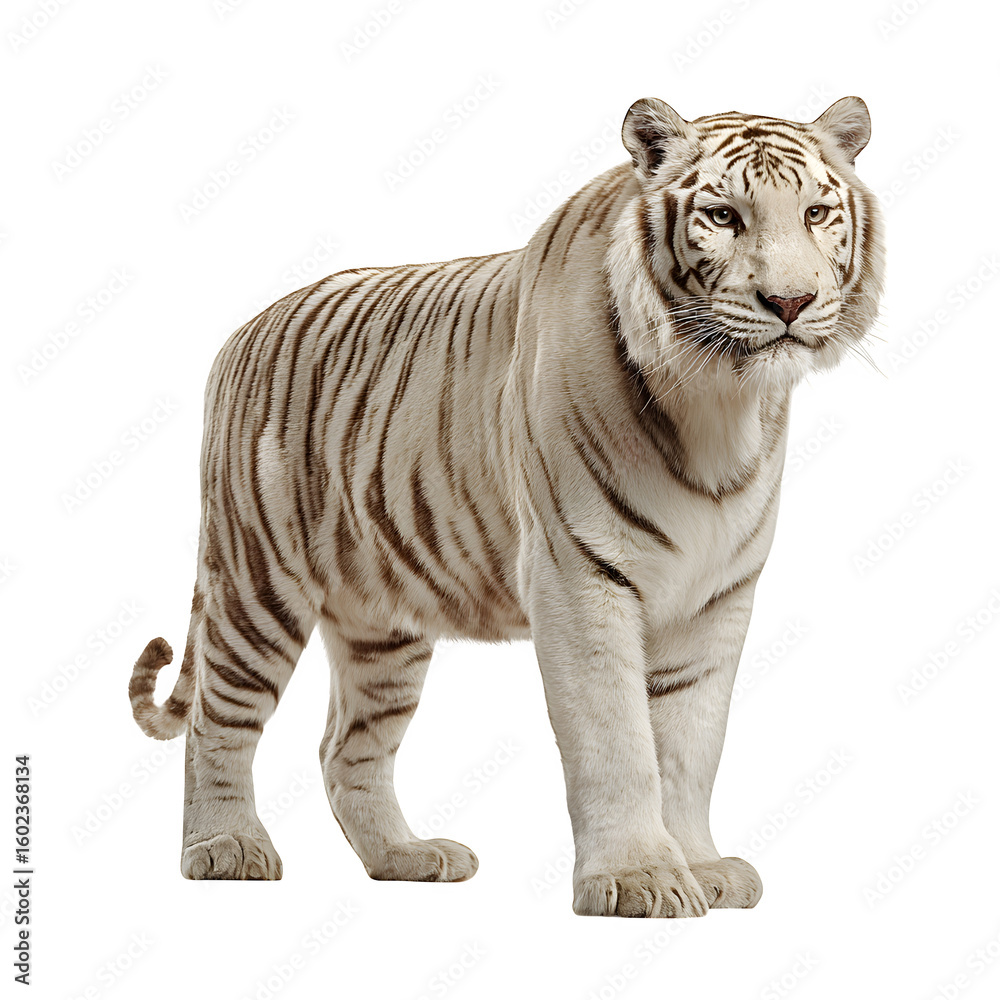 Obraz premium White tiger side view standing tall with powerful legs and tail curled and studio wildlife capture and isolated white background Batch realistic clean bright simple modern stock image isolated on p