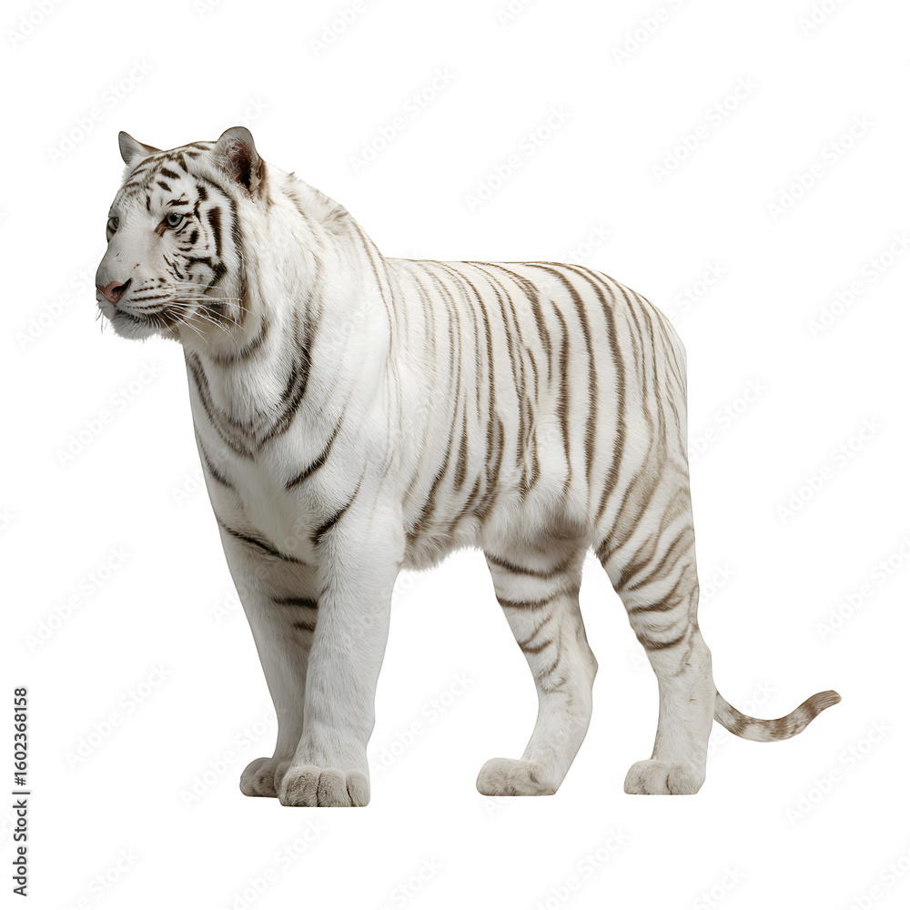 Fototapeta premium White tiger side view standing tall with powerful legs and tail curled and studio wildlife capture and isolated white background Batch realistic clean bright simple modern stock image isolated on p