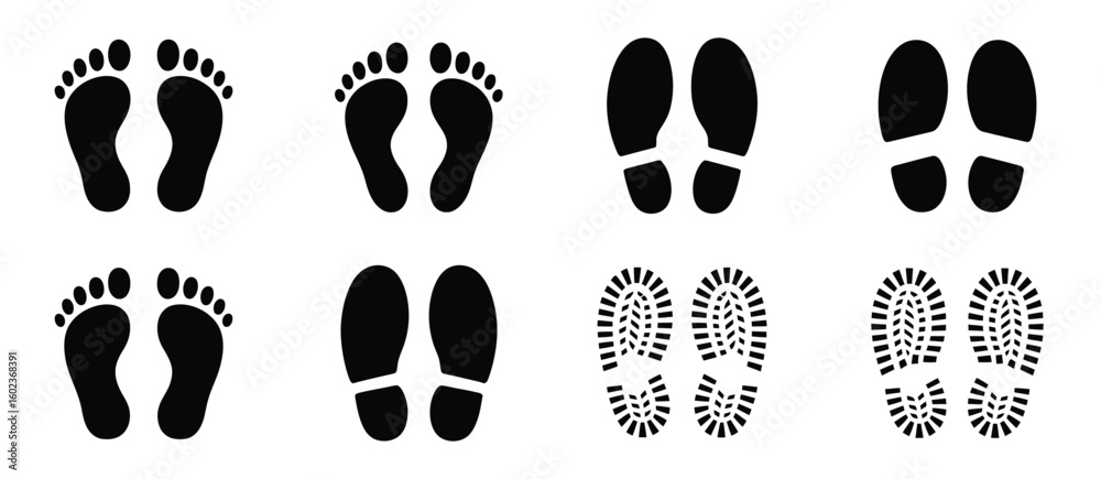 Fototapeta premium Collection of footprint and shoe print silhouettes