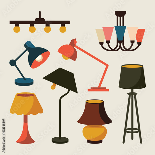 Collection of various decorative and functional lamps for home lighting