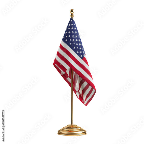 American flag displayed on a gold stand Patriotic symbol national pride USA flag isolated on transparent background, perfect cutout, PNG