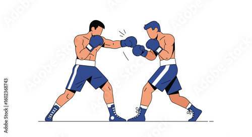Intense boxing match between two athletic fighters showing powerful punches and defensive stances during competition