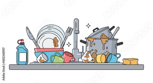 A sink full of dirty dishes with pots pans cups and plates requiring thorough cleaning