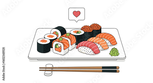 Delicious assortment of fresh sushi and maki rolls on a white plate with chopsticks and wasabi