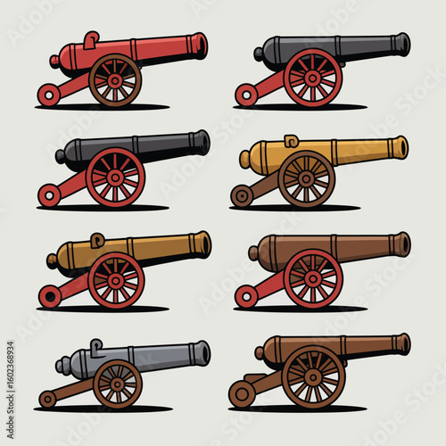 Collection of colorful vintage cannons on wheels