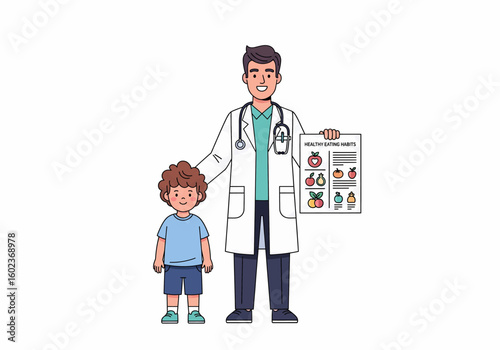 A doctor holding a nutrition chart stands next to a young boy, placing a hand on his head.