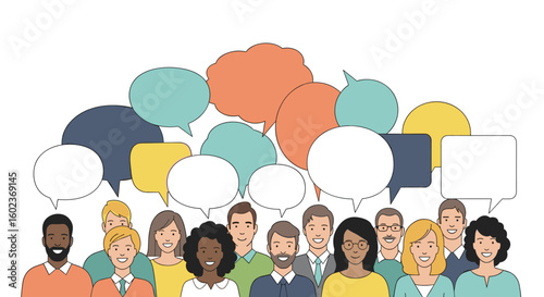Diverse group of people communicating through speech bubbles expressing ideas and opinions in a collaborative environment