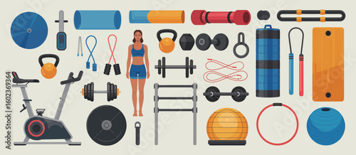 Collection of fitness equipment and exercise accessories for home workouts