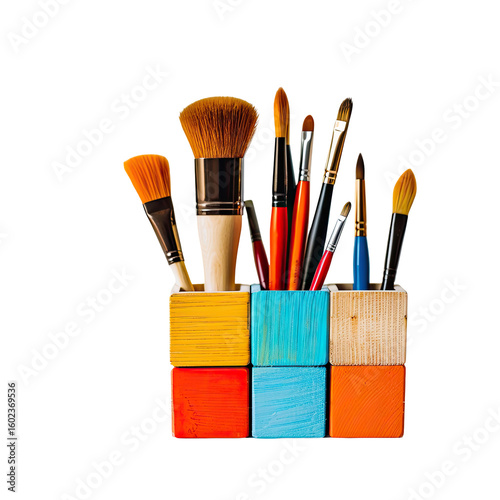 Colorful art brushes in a wooden organizer
