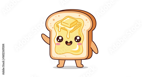 Adorable cute kawaii toast with butter waving hello for breakfast lovers and food enthusiasts