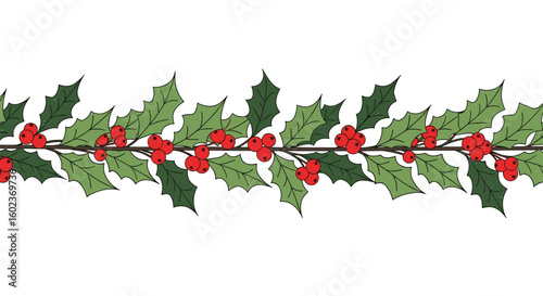 Elegant holly berry garland christmas decorative border with vibrant green leaves and red berries for festive celebrations