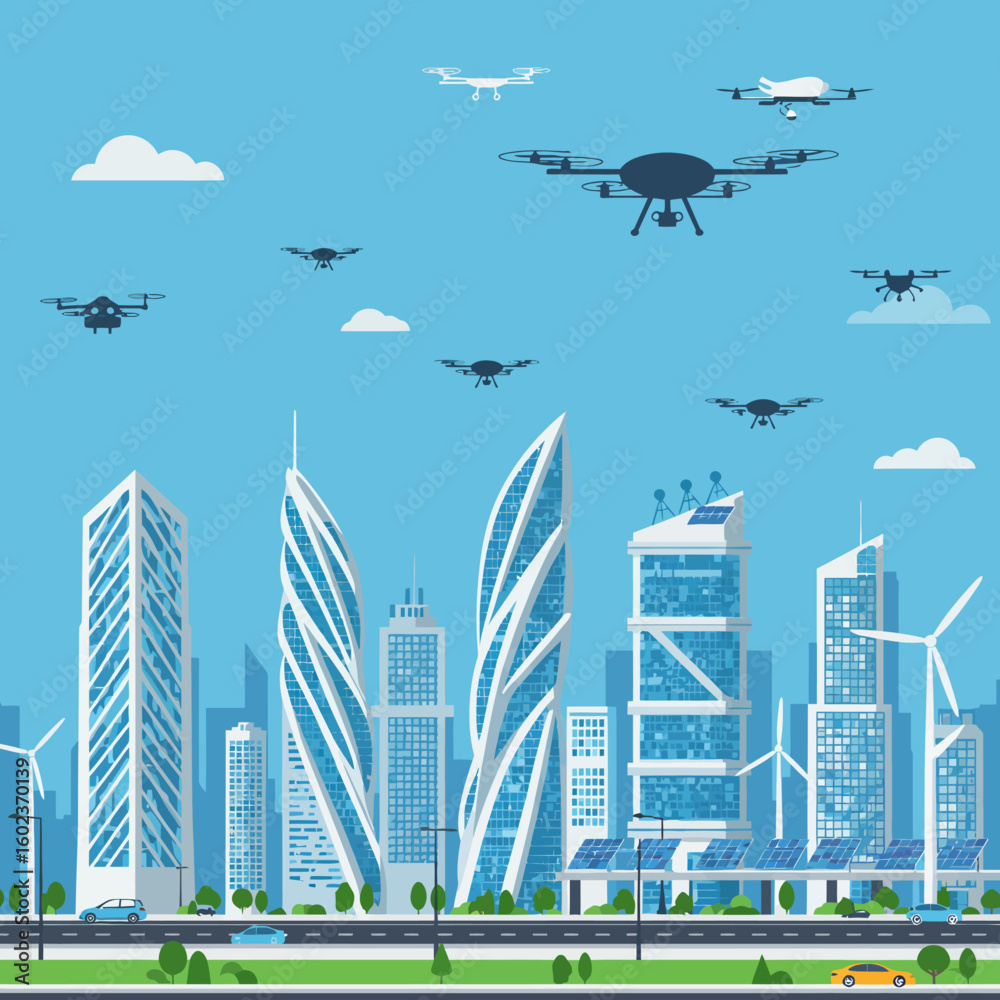 Obraz premium A futuristic cityscape features sleek, modern buildings with renewable energy sources, as multiple drones navigate the sky, symbolizing technological advancement and progress.
