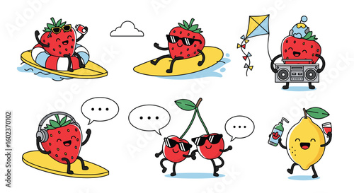 Collection of cute cartoon fruit characters enjoying summer activities and beach fun with a kite