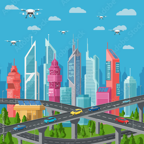 Futuristic cityscape with flying drones and elevated highways, showcasing modern urban development and advanced technology.
