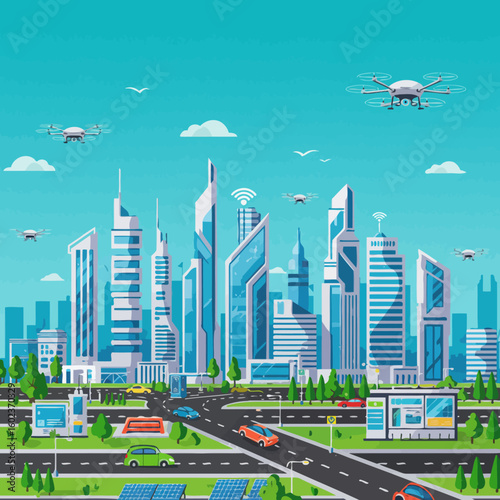 Futuristic smart city skyline with autonomous vehicles, drones, and green energy infrastructure under a clear blue sky.