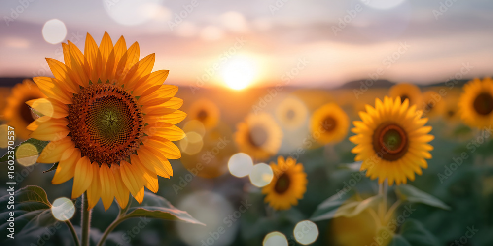 Obraz premium girasole e distesa di girasoli in fiore in formato panoramico