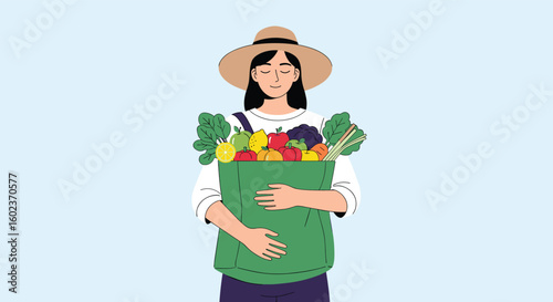 Woman farmer holding bag full of fresh organic healthy vegetables and fruits enjoying nature