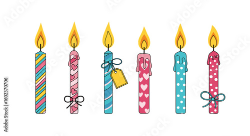 A collection of colorful birthday candles with flames and decorations perfect for celebrations and parties