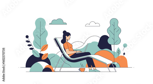 Young woman relaxing outdoors on a lounge chair enjoying a warm sunny day surrounded by nature and greenery with a cup of coffee