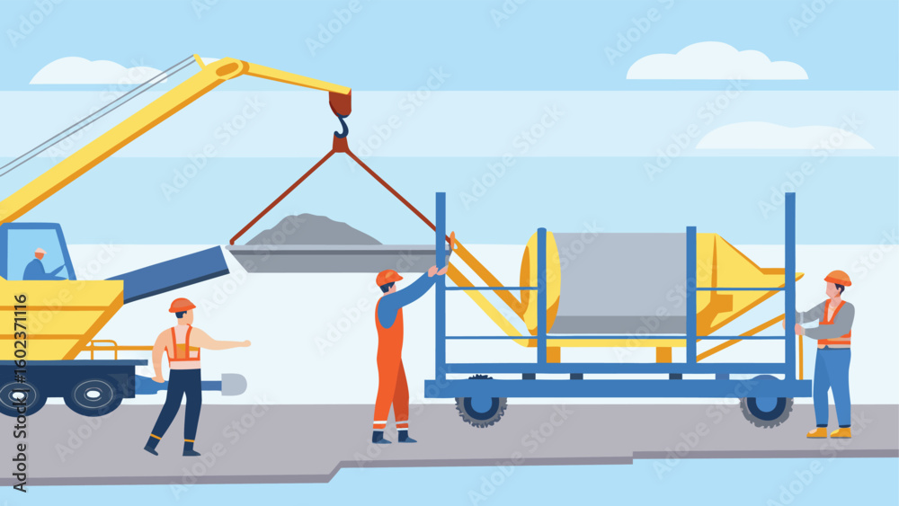 Naklejka premium Construction workers using crane to move materials and cement mixer on a construction site outdoors