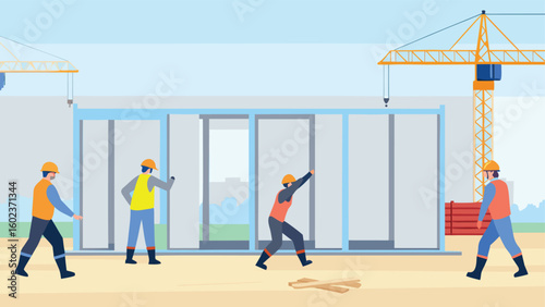 Construction workers building a structure with cranes and materials on a construction site ground