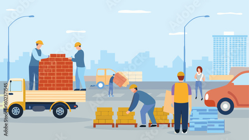 Construction workers unloading bricks from a truck at a construction site in an urban environment scene
