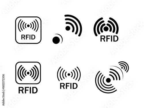 Monochrome set of icons rfid. Explore dynamic RFID vector icons for modern technology integration and seamless data transfer solutions set of icons featuring radio and radio waves.