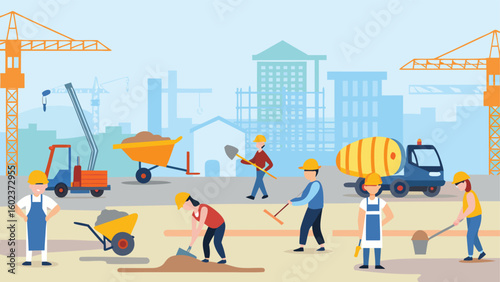 Illustration of construction workers at a building site with cranes and a cement truck visible