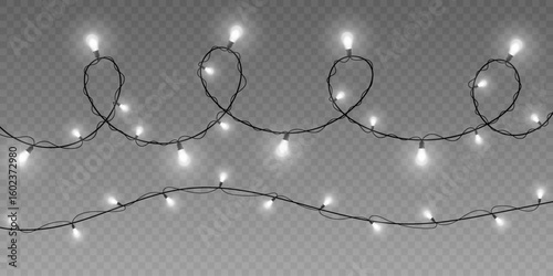 Garlands of Christmas white lights isolated on transparent background. Vector illustration.