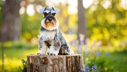 Cute dog on tree stump, sunny park