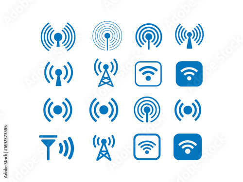 Wifi icon pack collection set, Various telecom antenna icons for modern wireless technology, communication network design projects and presentations.