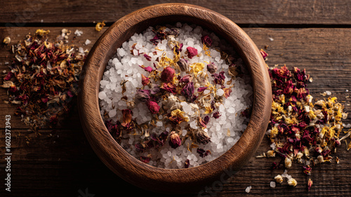 A wooden bowl with bath salts and flower petals.	A beautiful wooden bowl is filled with coarse, natural bath salts and mixed with dried flower petals, ready for a relaxing bath.
