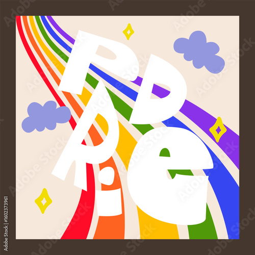Pride month cartoon funky card. LGBT festive groovy retro poster for web banner, greeting card, invitation, postcard, flyer, social media. Tolerance and freedom concept