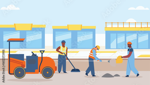 Road construction scene with workers and machinery near buildings under a bright sky illustration