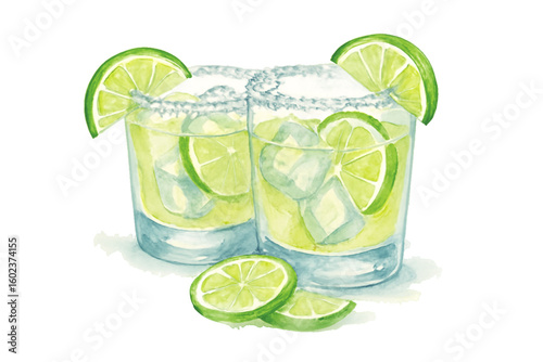 Hand-drawn illustration of two glasses of yellow iced drinks with lime slices and salt rims, garnished with lime wedges on a white background.