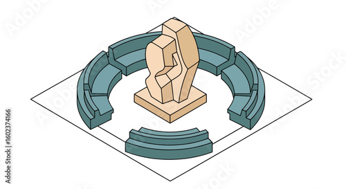 Abstract sculpture with seating area and stone steps