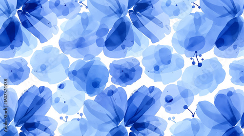 Elegant blue watercolour floral wallpaper pattern, luxurious and delicate blooms, soft, splash