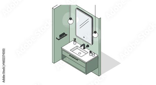 Bathroom vanity with mirror and lighting isometric view