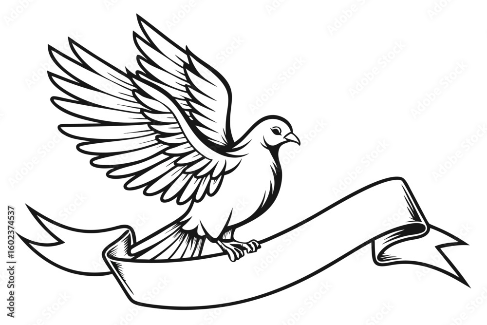 Obraz premium Dove with banner outline illustration symbolizing peace love hope and freedom
