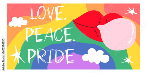 LGBT festive cartoon groovy banner in retro 90s style. Pride vector illustration for web banner, LGBT events, greeting card, invitation, postcard, flyer, social media. Love freedom concept