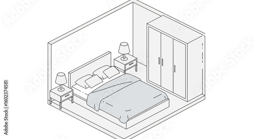 Bedroom interior with bed, nightstands, and wardrobe
