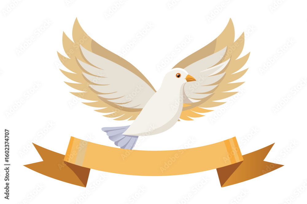 Fototapeta premium Elegant white dove illustration with golden wings and ribbon banner