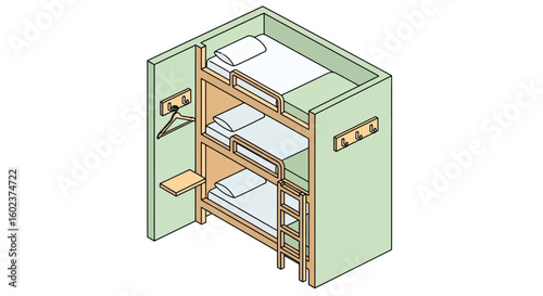 Bunk bed pod with clothes hanger and shelf