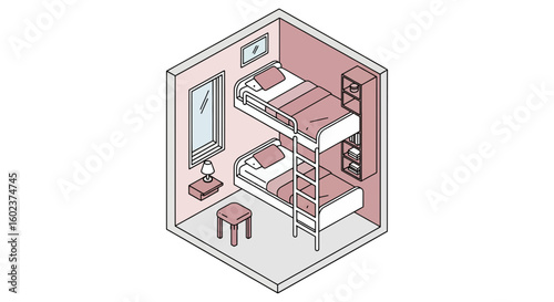 Bunk bed room interior isometric view for kids