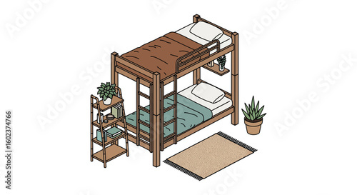 Bunk bed room interior with bookshelf and plants