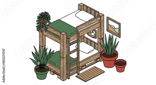 Bunk bed room interior with plants and decor