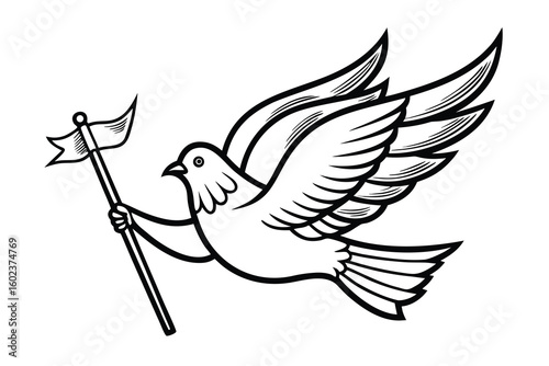 Dove with Flag Illustration in Black and White for Peace Symbol