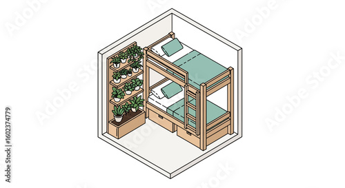 Bunk bed room interior with plants, cozy space
