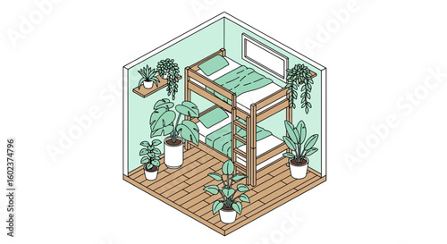 Bunk bed room interior with plants and window
